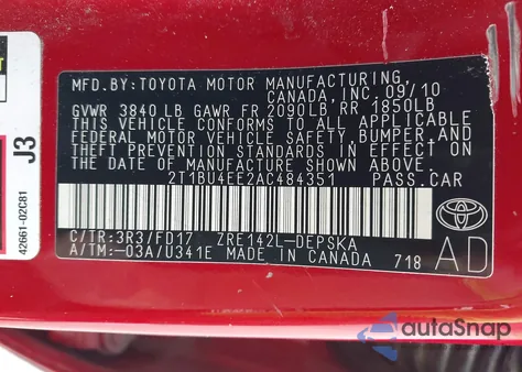 2010 Toyota Corolla S из США, поврежденный, VIN 2T1BU4EE2AC484351